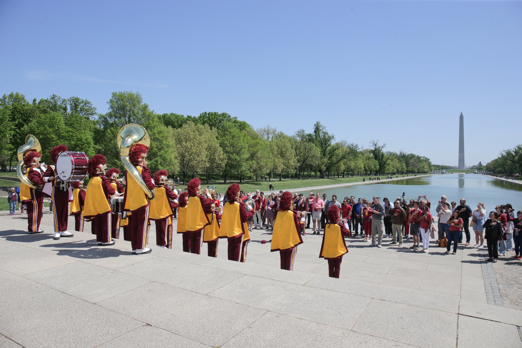 USC Trojan Marching Band performs on the steps of the Lincoln Memorial on Washington, D.C., on April 19, 2023. (Photo/Bennett Kress)
