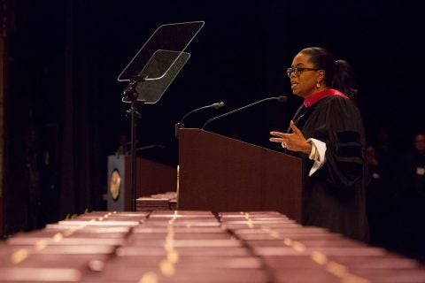 Oprah Winfrey at USC, speaking at podium