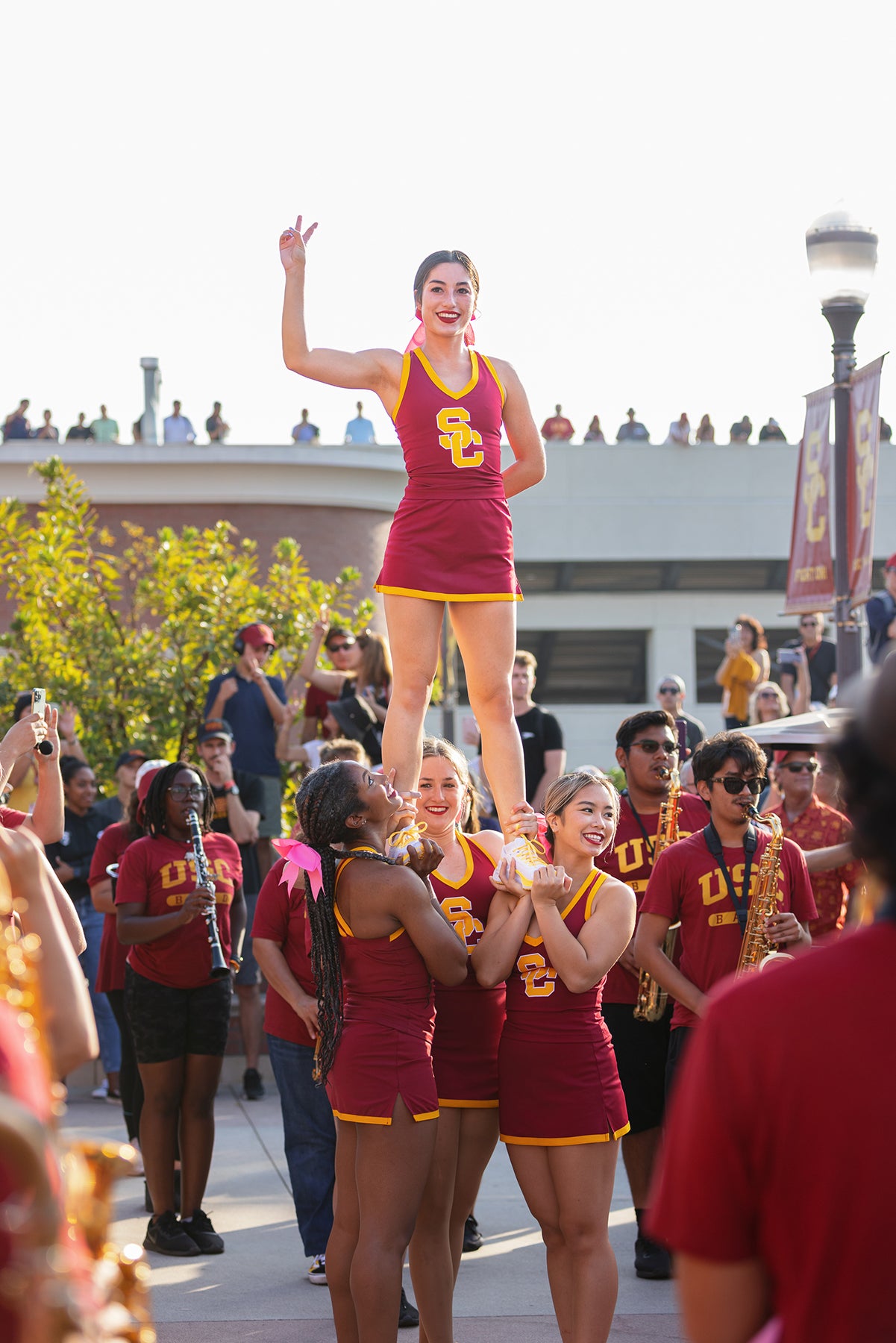 USC cheerleaders at a football rally