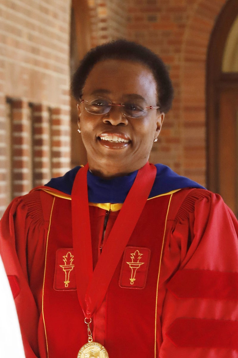 Photograph of President Wanda Austin at convocation in robes