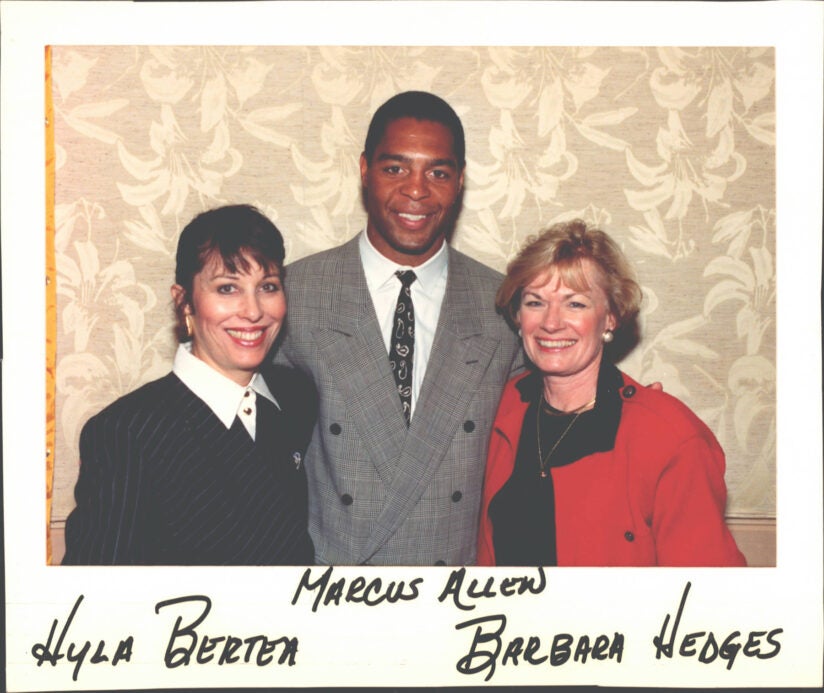 Title IX anniversary: Barbara Hedges with Marcus Allen and Hyla Bertea