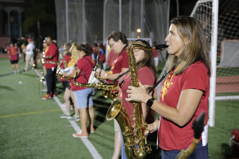 USC Trojan Marching Band reunion: Practicing before the game