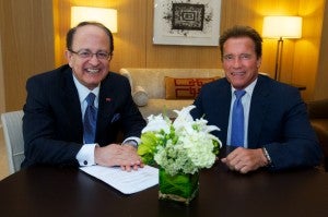 The USC Schwarzenegger Institute will boast a bipartisan advisory board that includes international leaders in business, public service and education. Pictured here, President C. L. Max Nikias with former Gov. Arnold Schwarzenegger (Photo/Dietmar Quistorf)