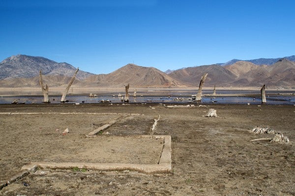 The remains of a foundation of a former home, what use to be at the bottom of  Kissack Bay at Lake Isabella and would normally be under water.  The lake is very low because of the current drought. (Photo/Don Barrett)