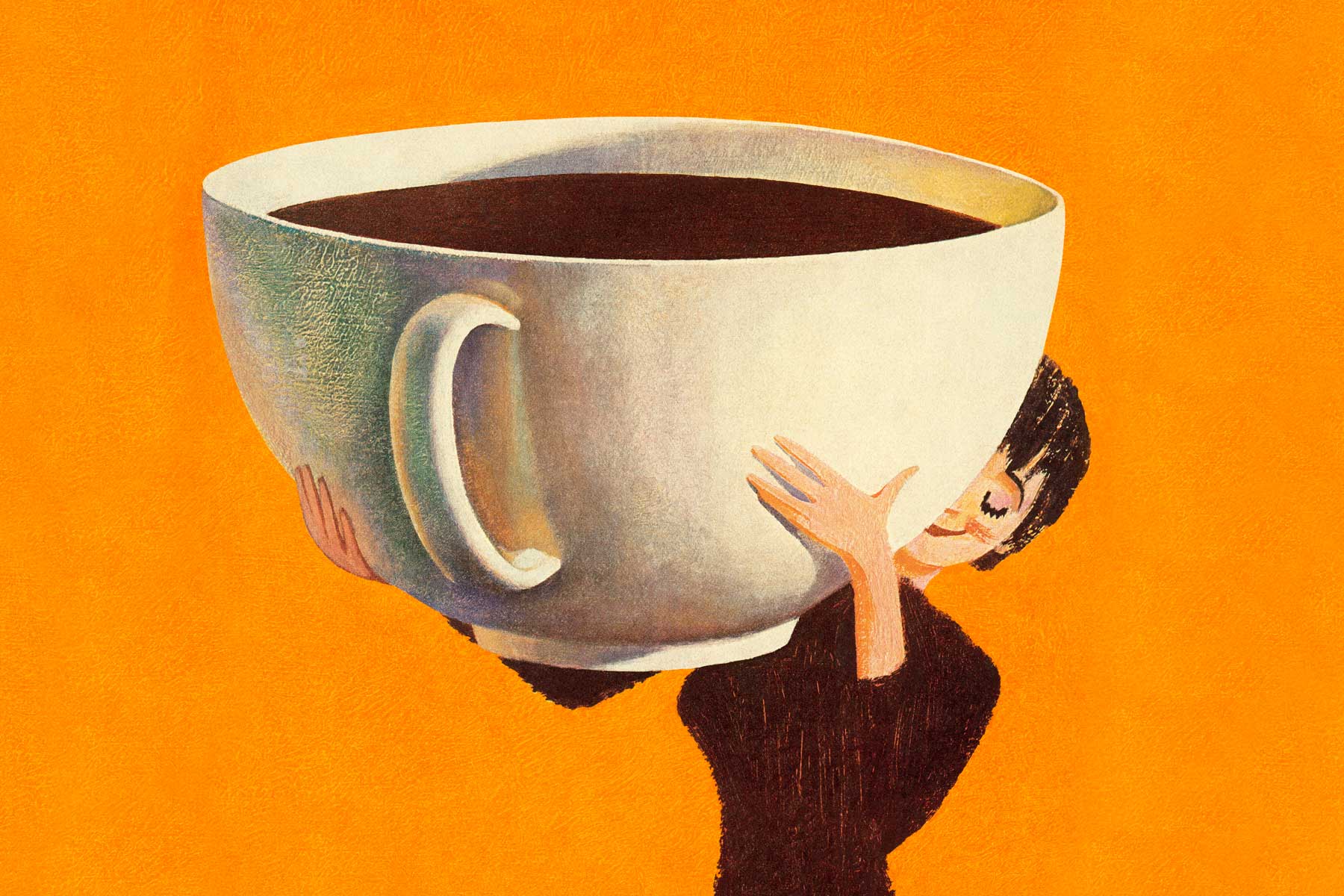 Illustration of woman holding giant cup of coffee