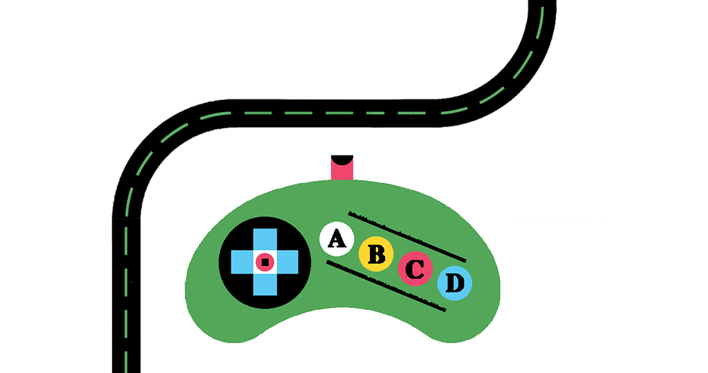 An illustrated map of places where USC has created innovations in advanced computing, green game controller.