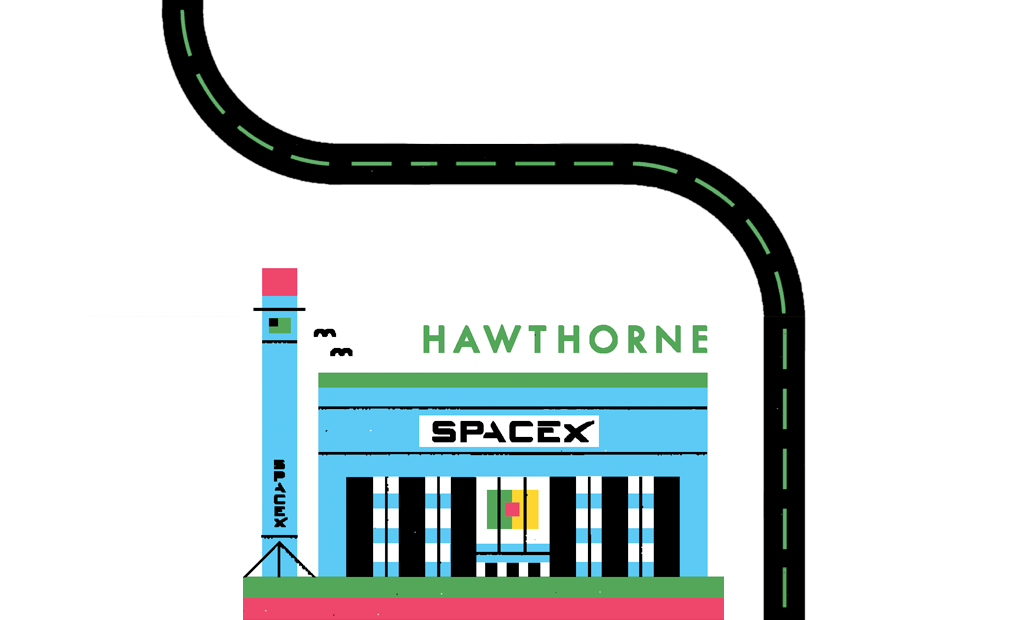 An illustrated map of places where USC has created innovations in advanced computing, Space X headquarters.