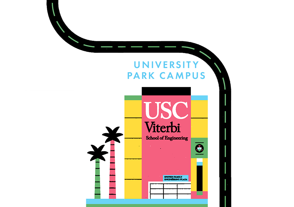 An illustrated map of places where USC has created innovations in advanced computing, University Park Campus.