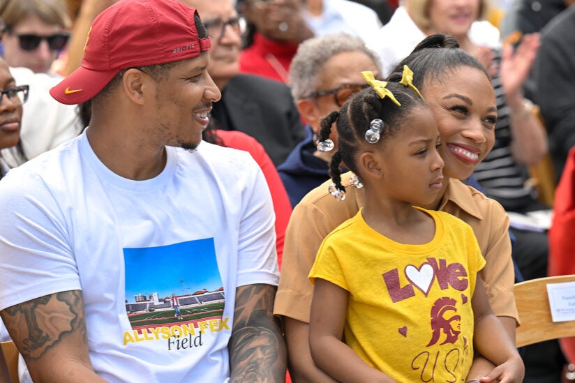 Allyson Felix Field naming: Felix with her husband and daughter