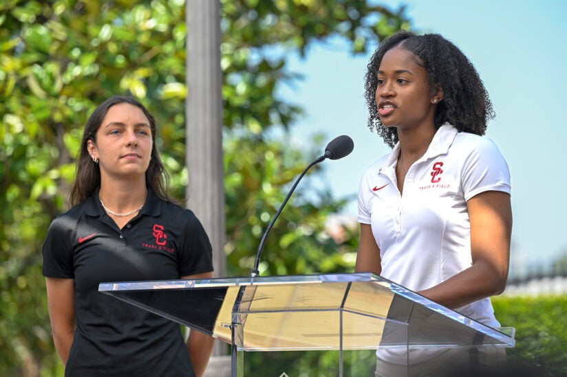 Allyson Felix Field naming: USC track and field athletes Gigi Maccagnini and Rae-Anne Serville