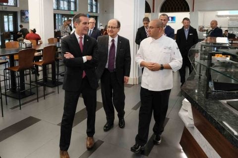 Eric Garcetti, Max Nikias, touring dining hall at USC Village 