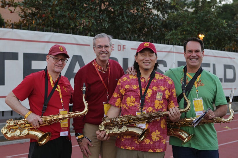 USC Trojan Marching Band reunion: Posing with friends