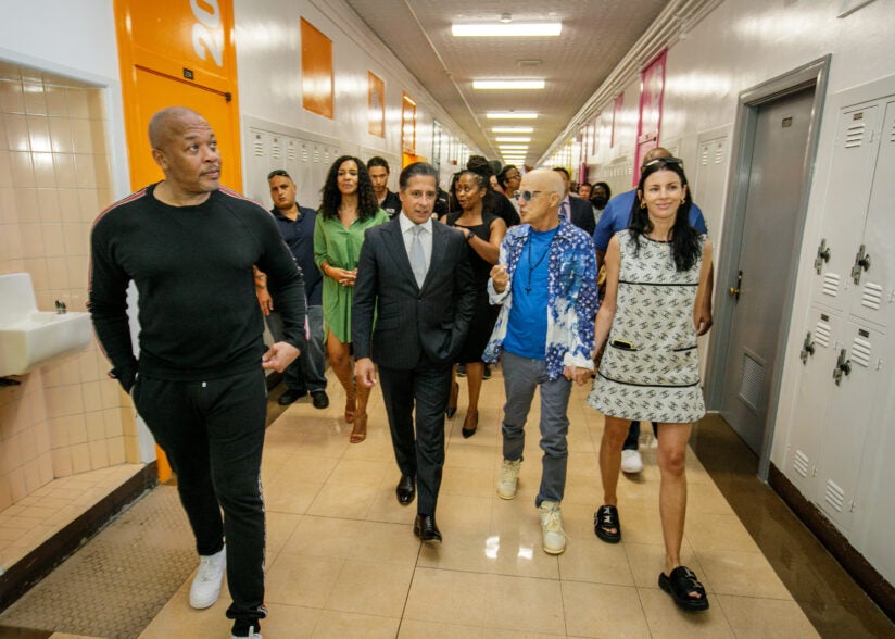 Photo from ribbon cutting of Dr. Dre and Jimmy Iovine at IYC high school.