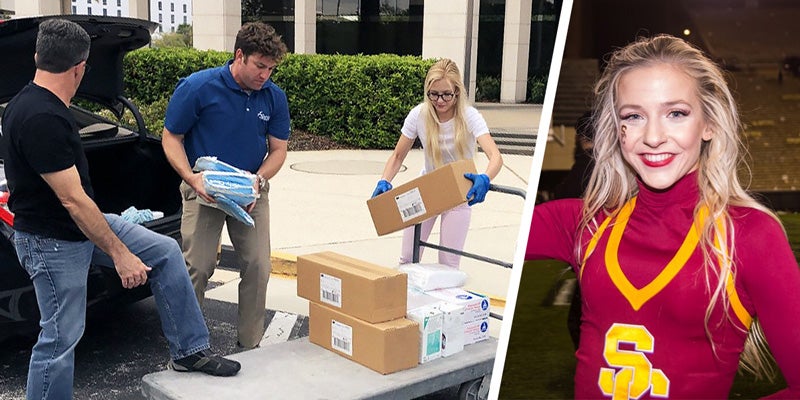 (Left) MacKenzie McClung helping health workers with boxes. (Right) MacKenzie McClung in USC cheerleader uniform