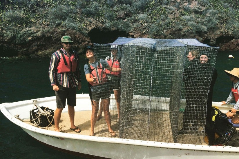 Students on boat next to cages