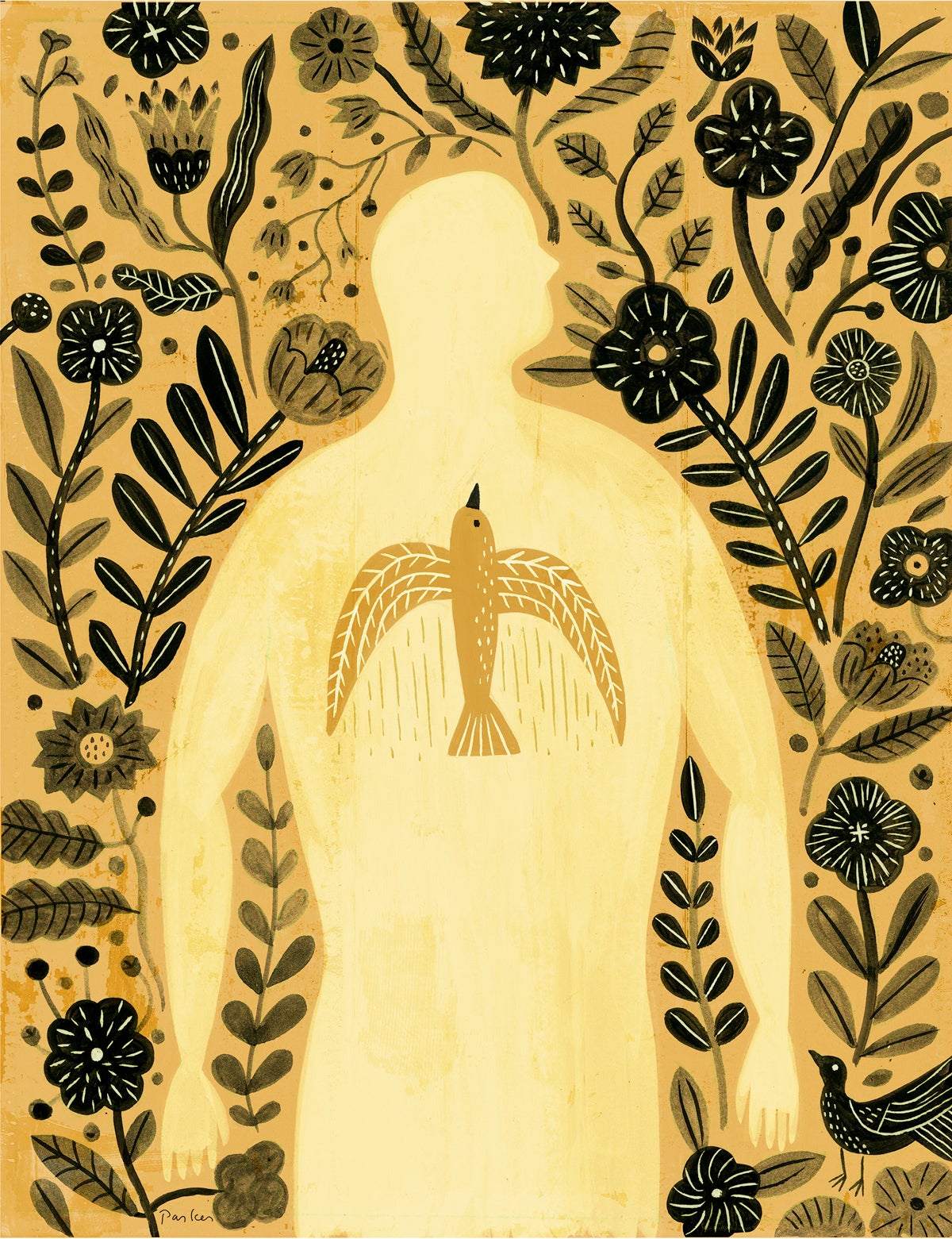 Illustration of man with bird for lungs