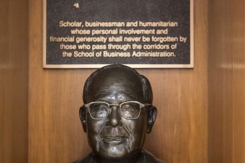Bronze bust of Albert T. Quon, funder of scholarships for international students