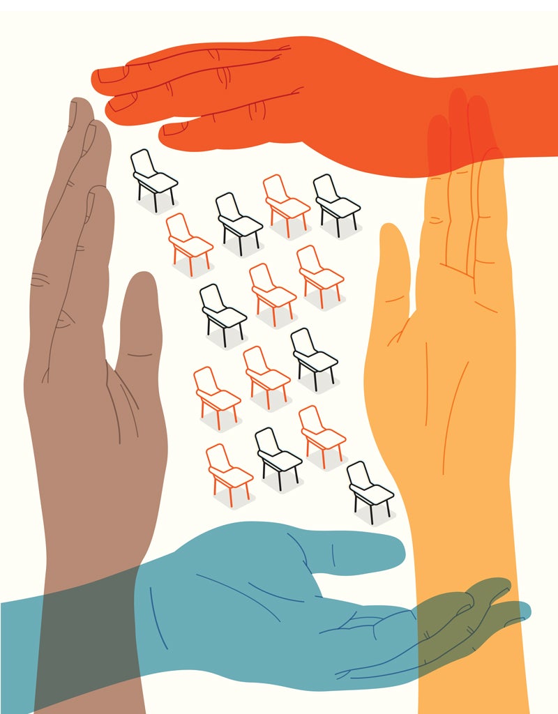 Illustration of hands protecting school chairs