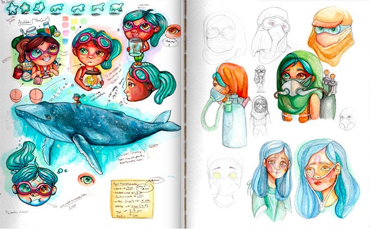 Image of a notebook with colorful illustrations of a whale, a girl with goggles and a woman with an oxygen tank and mask