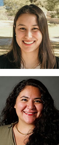 Arabella Delgado in a black sweater against a backdrop of trees and shrubs; Cassandra Flores-Montaño in a beige shirt and gold necklace against a gray backdrop