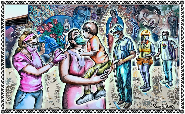 An illustration of a woman wearing a mask and holding a small boy receiving a vaccine shot in her arm from a nurse with several other people waiting in line against the backdrop of a mural