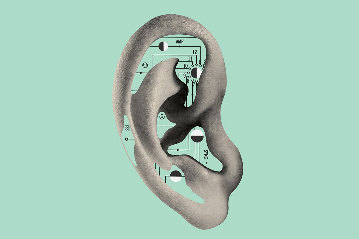 Illustration of an ear with electrical current diagrams against a mint green background