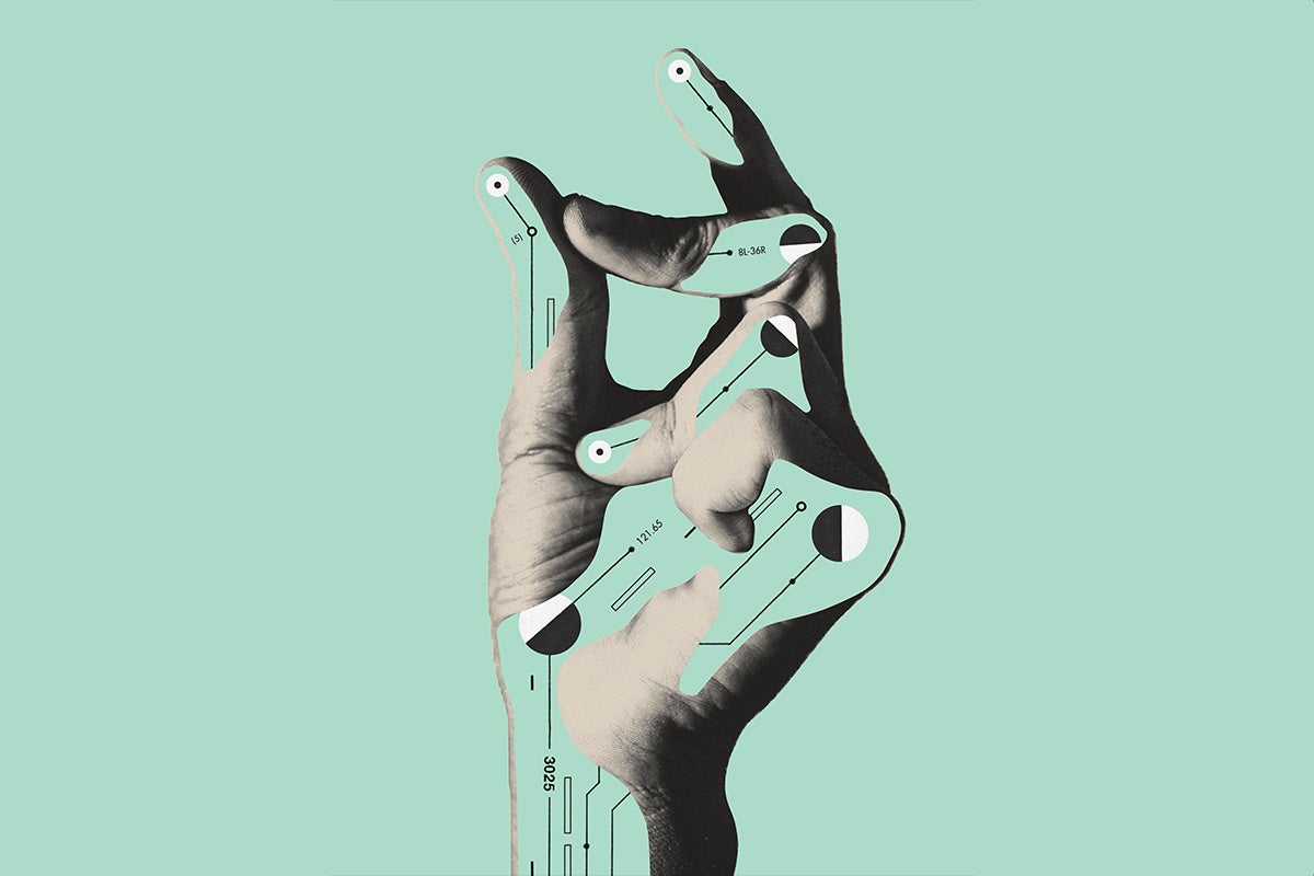 Illustration of a hand snapping its thumb and middle finger with computer diagrams against a mint green background