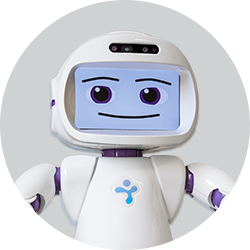 A QT robot with a white and purple body and a screen showing a smiling face