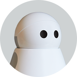 A smooth, rounded, white and gray robot with black eyes