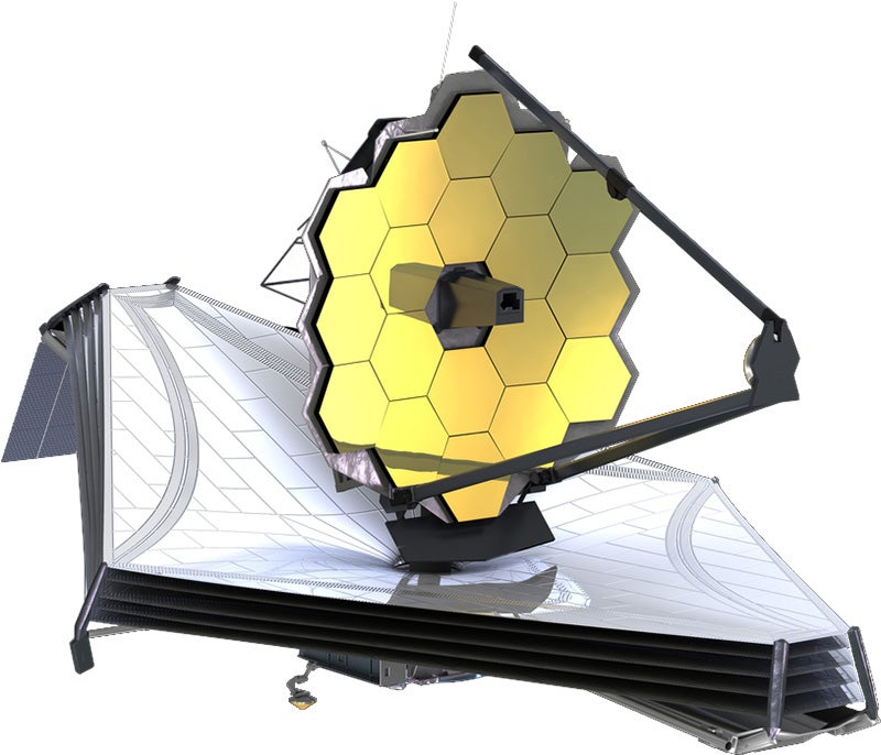 A 3D illustration of the James Webb Space Telescope with its 6.5-meter sunshield fully open