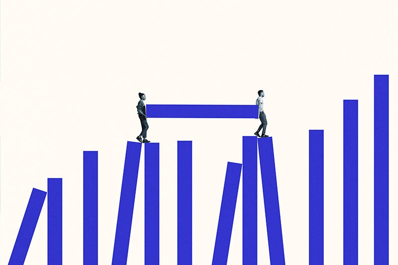 Illustration of a woman and a man carrying a blue bar between them as they climb other blue bars arranged like a graph