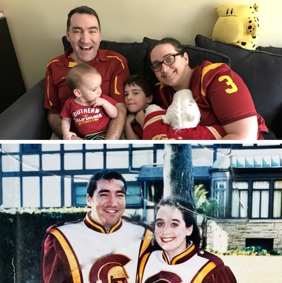 Current image of Elizabeth Kuhn and Andrew Green with their two children and a second image of them in their Trojan Marching Band uniforms.