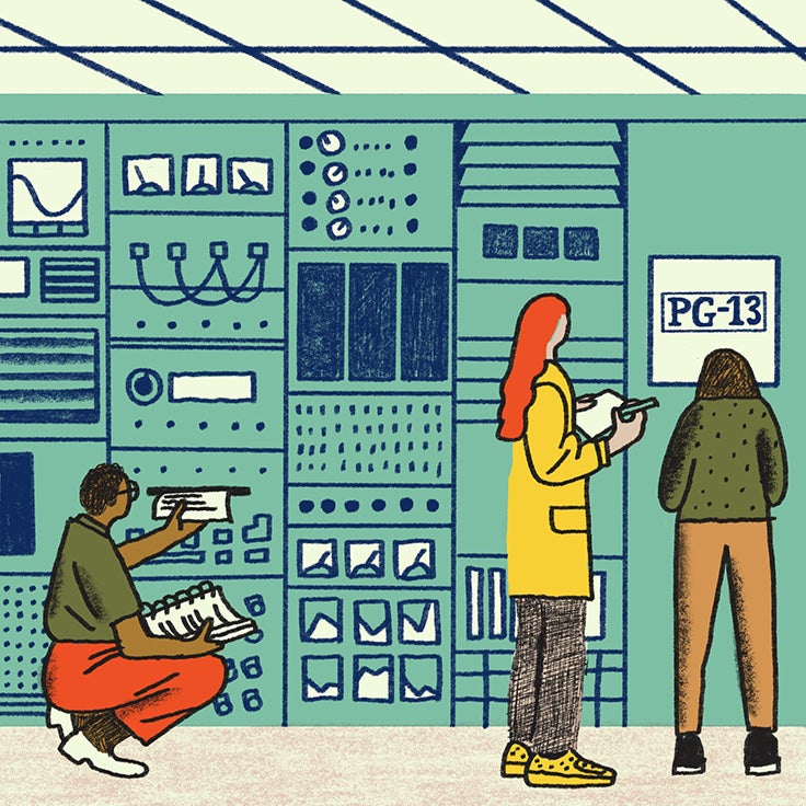Illustration of three people standing in front of a 1950s-style wall-sized computer looking at monitors and printouts. One person takes notes as a monitor reads "PG-13."