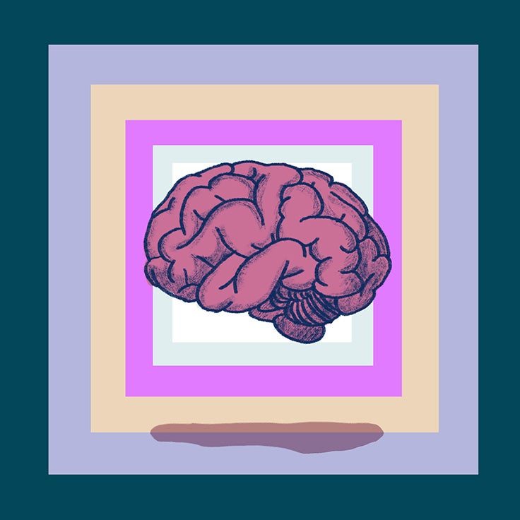 Illustration of a brain hovering in front a a pink and beige framed square