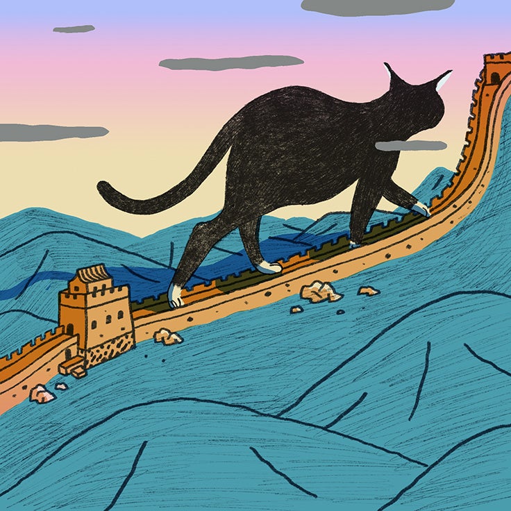 Illustration of a giant black cat walking along the Great Wall of China.