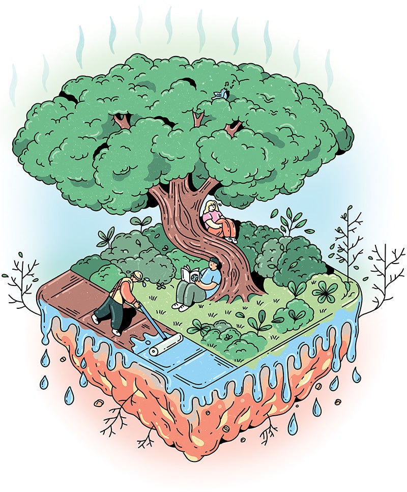 Illustration of a block of land where one person is painting a sidewalk with water as two other people rest beneath a leafy tree reading books.