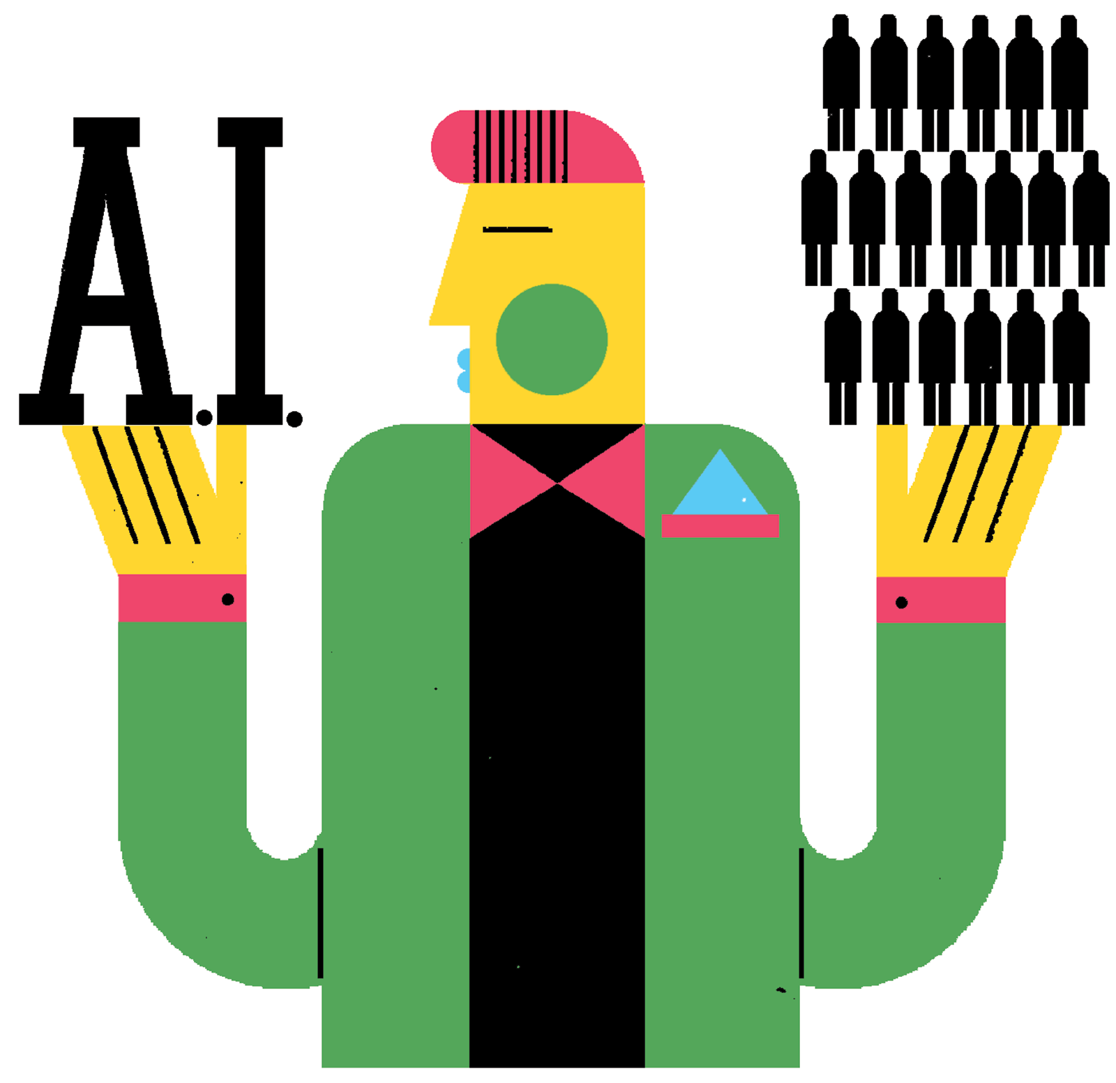 Person holding AI in one hand and a groupe of people in another.