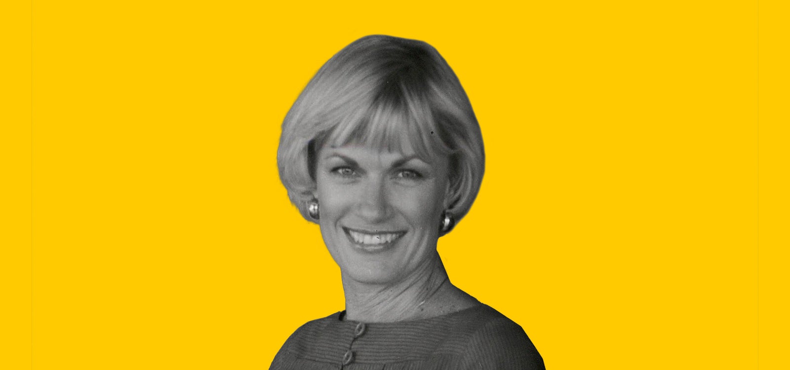 Cut-out black and white profile photo of USC athletics administrator Barbara Hedges with yellow background