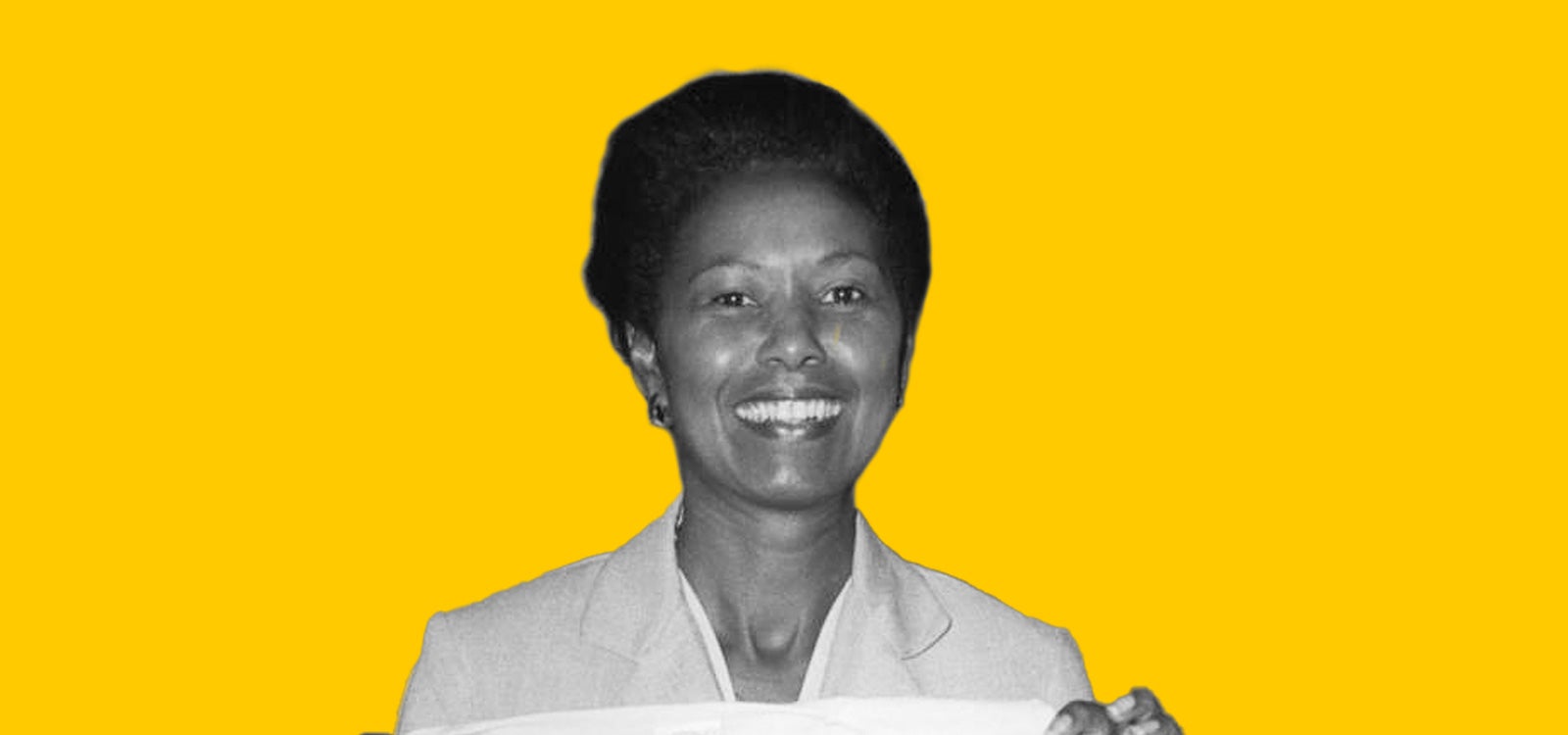 Cut-out black and white profile photo of former US Representative and USC trustee Yvonne Brathwaite Burke with yellow background