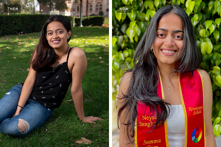Woman poses for a photograph at USC and Woman poses for a graduation photograph
