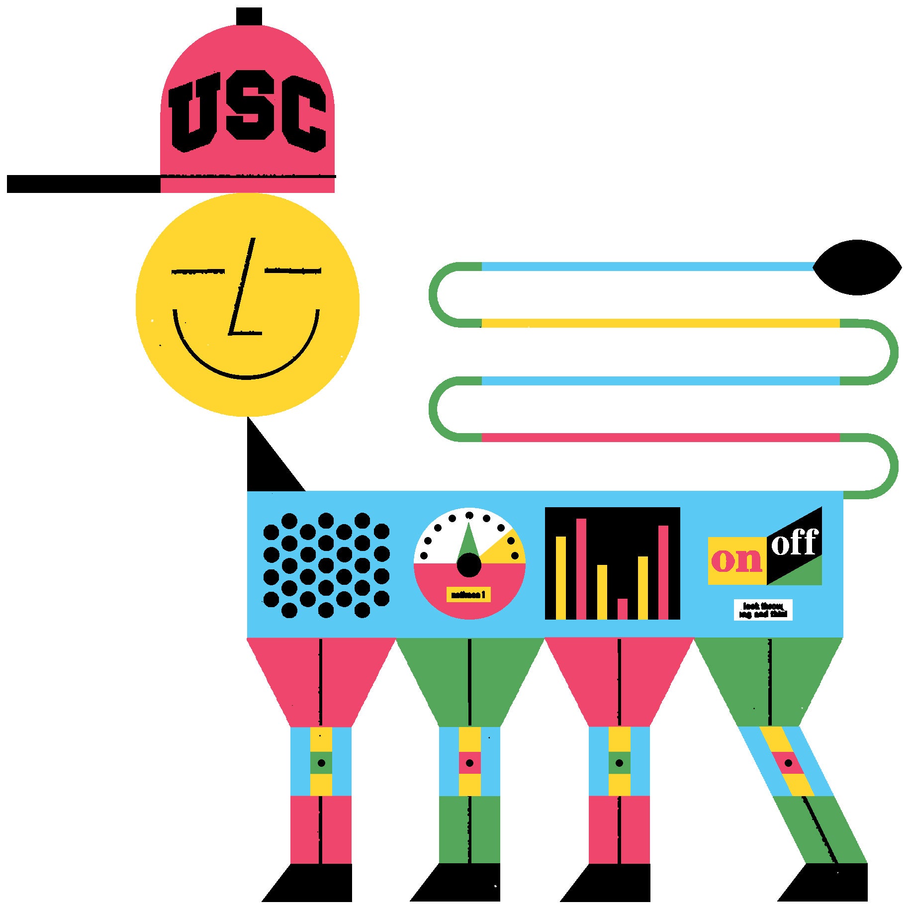 Illustration of a smiley face cat bot wearing a USC hat.