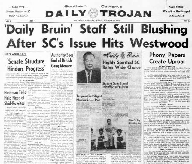 The Daily Trojan's Nov. 24, 1958 edition with a story of the student prank.