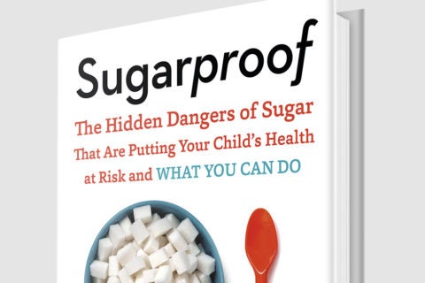 Cover of Sugarproof book showing a bowl of sugar cubes and a red spoon.