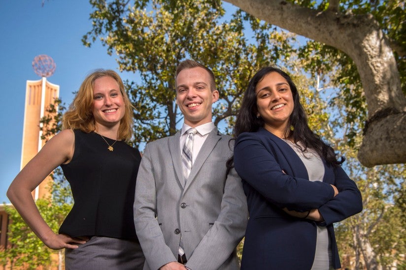 The names of USC salutatorians Adrienne Visani and Ryan Lindveit, at left, and valedictorian Sulekha Ramayya will be etched on the Wall of Scholars. (USC Photo/Gus Ruelas)