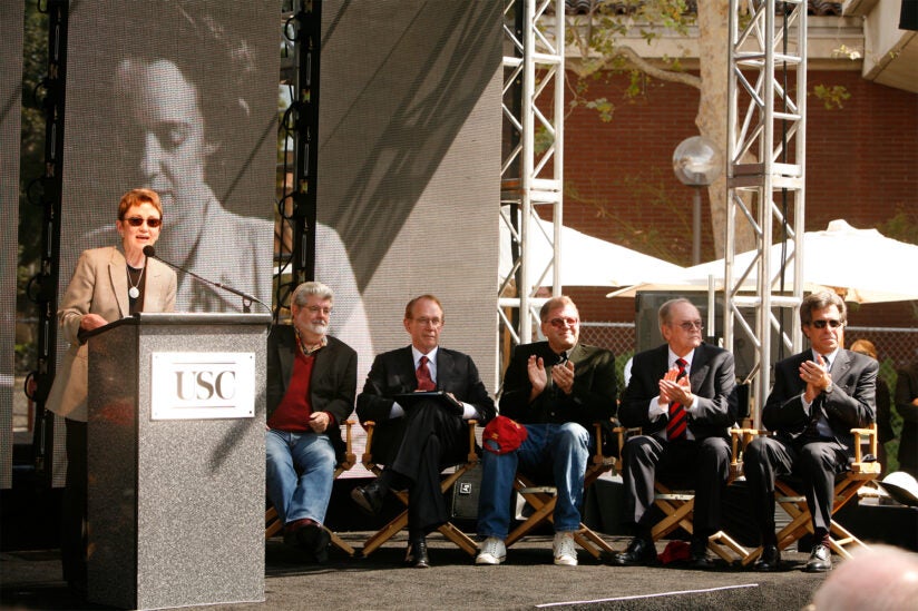 Groundbreaking ceremony with Elizabeth Daley joins George Lucas, USC President Steven Sample, Robert Zemeckis, Frank Price and Paul Junger Witt