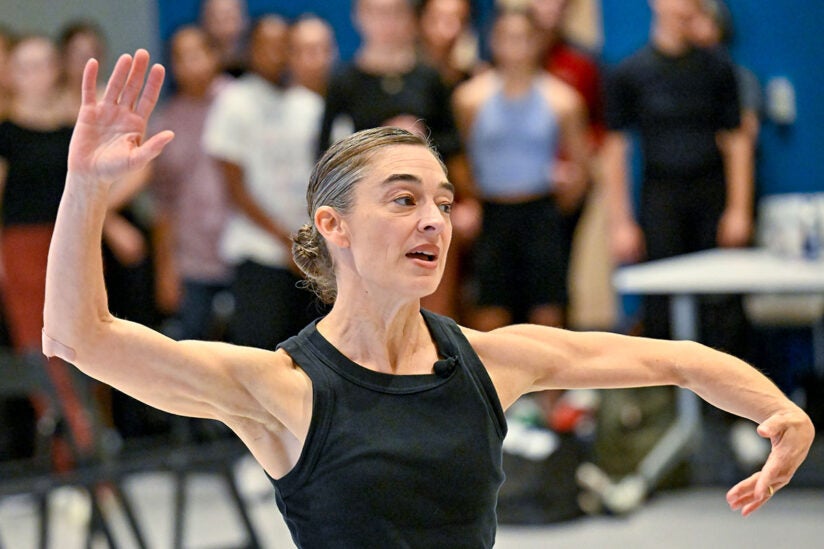 Monica Bill Barnes practices for performance with USC Kaufman dancers