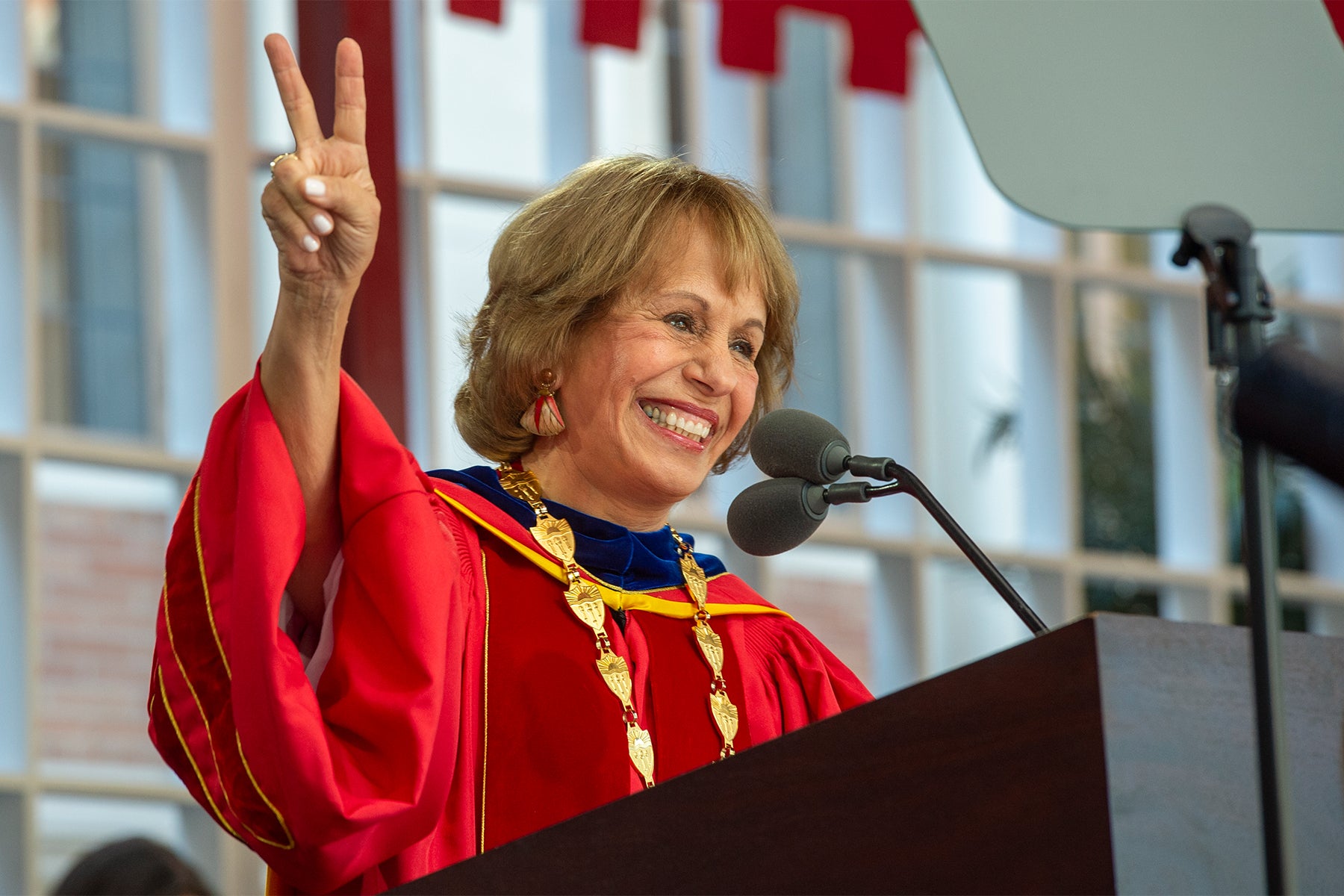 USC 2022 commencement: President Carol L. Folt addresses the graduates.