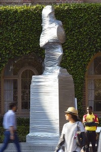 Tommy Trojan is wrapped, duck taped and guarded  leading up to homecoming week, Friday, Nov. 14, 2014, in Los Angeles, California. (USC Photo/ Gus Ruelas)