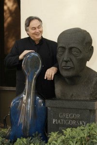 Ralph Kirshbaum, artistic director of the Piatigorsky International Cello Festival with bust of the festival's namesake on the USC campus. Photo: Steve Cohn