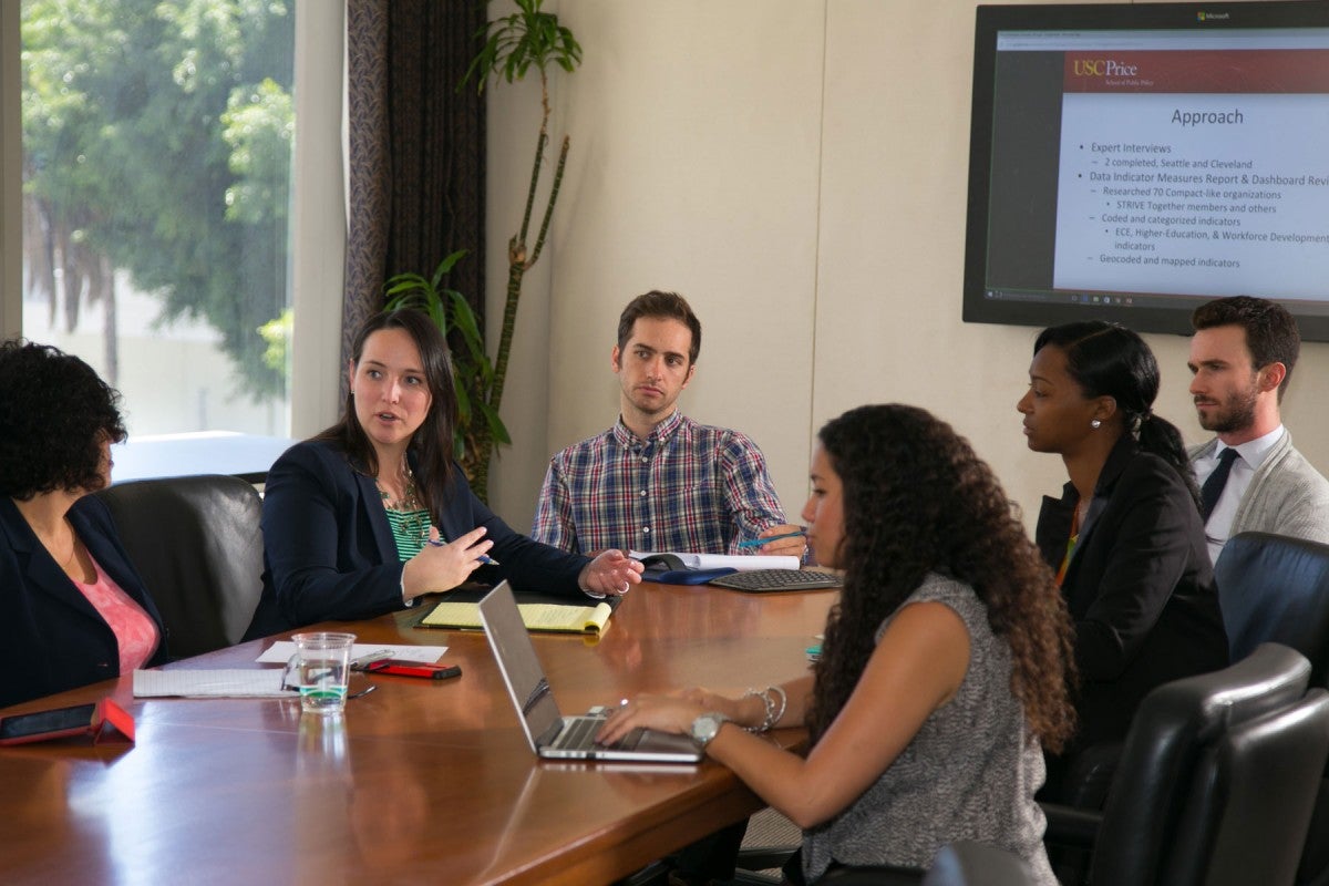 students presenting at conference table